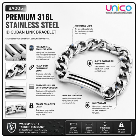316L Stainless Steel Men's ID Chain Bracelet Heavy Duty Cuban Link Bracelet Silver Wrist Bracelet for Men Fashion Jewelry