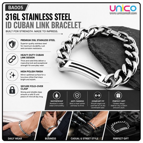 316L Stainless Steel Men's ID Chain Bracelet Heavy Duty Cuban Link Bracelet Silver Wrist Bracelet for Men Fashion Jewelry