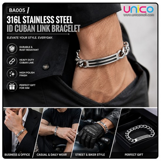 316L Stainless Steel Men's ID Chain Bracelet Heavy Duty Cuban Link Bracelet Silver Wrist Bracelet for Men Fashion Jewelry