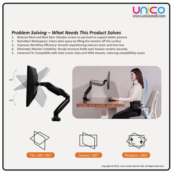 Single Monitor Arm Gas Spring Desk Mount – Fits 13–32 Inch Screens, Full Motion Adjustment