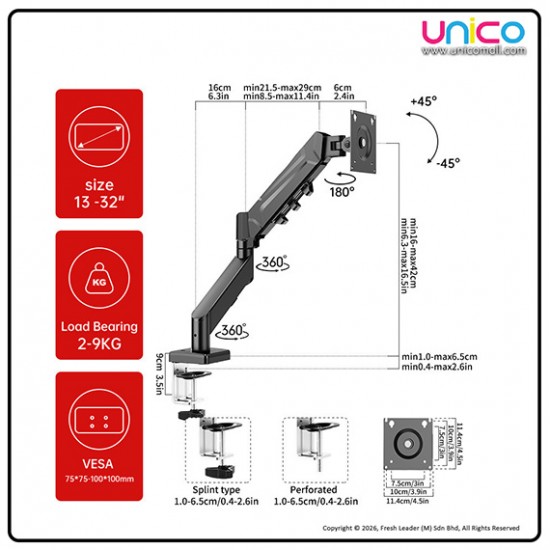 Single Monitor Arm Gas Spring Desk Mount – Fits 13–32 Inch Screens, Full Motion Adjustment