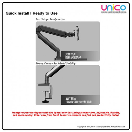 Single Monitor Arm Gas Spring Desk Mount – Fits 13–32 Inch Screens, Full Motion Adjustment