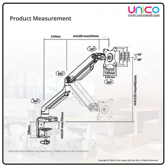 Ergonomic 17" Laptop Desk Mount – Adjustable Arm Stand, Supports 1–10kg, No Drilling Required