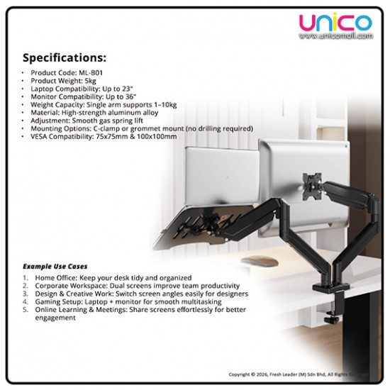 Adjustable Desk Mount for Laptop & Monitor – 2-in-1 Gas Spring Arm Stand, Fits 23” Laptop & 36” Screen