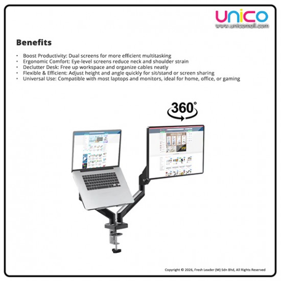 Adjustable Desk Mount for Laptop & Monitor – 2-in-1 Gas Spring Arm Stand, Fits 23” Laptop & 36” Screen