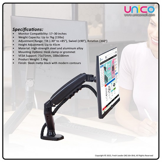 Desk-Mounted Monitor Arm with Gas Spring – Supports 17–30" Screens