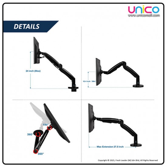 Desk-Mounted Monitor Arm with Gas Spring – Supports 17–30" Screens