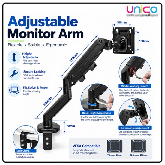 Desk-Mounted Monitor Arm with Gas Spring – Supports 17–30" Screens