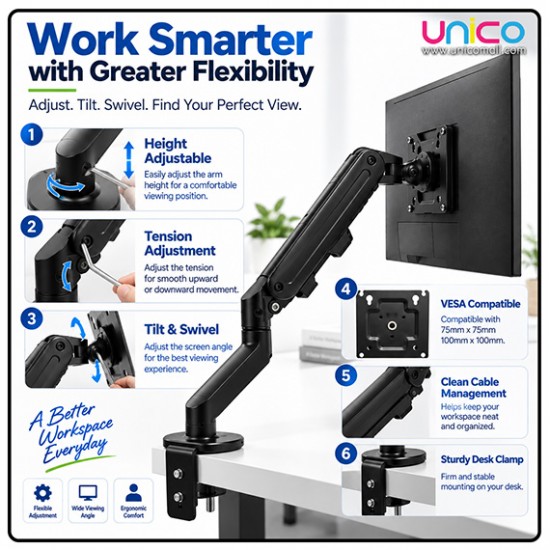 Desk-Mounted Monitor Arm with Gas Spring – Supports 17–30" Screens
