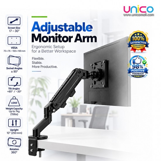 Desk-Mounted Monitor Arm with Gas Spring – Supports 17–30" Screens