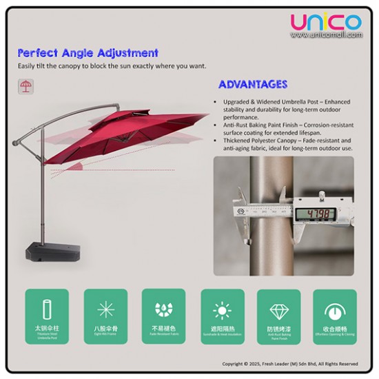 Large 2.7m Patio Sunshade Umbrella – Wind-Resistant Outdoor Umbrella with Heavy 65kg Base for Garden & Café