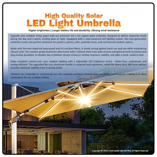 Luxury Romance Patio Umbrella with Solar LED Lighting - 3m x 3m Luxury Romance Patio Umbrella with Solar LED Lighting - 3m x 3m