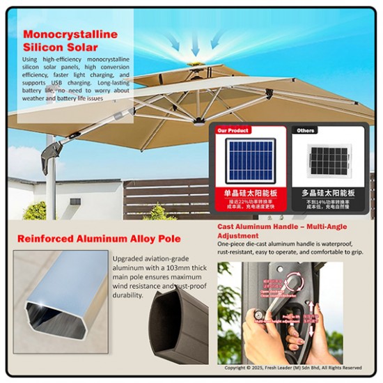 Luxury Romance Patio Umbrella with Solar LED Lighting - 3m x 3m Luxury Romance Patio Umbrella with Solar LED Lighting - 3m x 3m