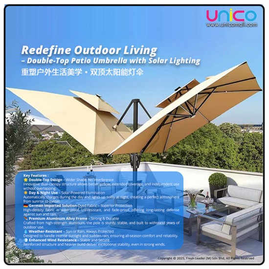 Premium 3 Meter Garden Umbrella with Solar Lights – Durable Wind-Resistant Double-Top Design