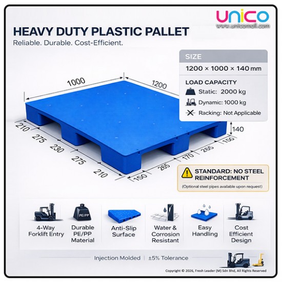 HD Plastic Pallet 2T 1200x1000x140mm Non-Reinforced Heavy Duty