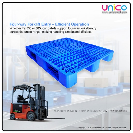 Industrial-Grade HDPE Pallet (Blue) – Durable Grid Deck, 3-Stringer Base for Storage & Transport