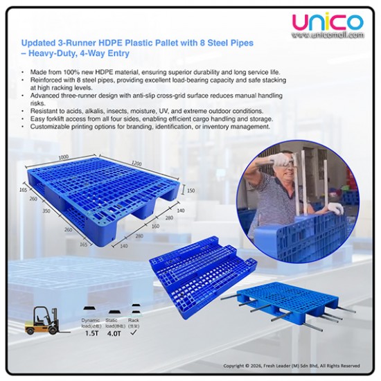 Heavy-Duty HDPE Plastic Pallet with Steel Pipe Reinforcement – 3-Runner, 4-Way Forklift Access