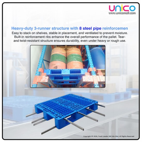 Heavy-Duty HDPE Plastic Pallet with Steel Pipe Reinforcement – 3-Runner, 4-Way Forklift Access