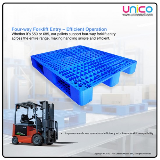 Heavy-Duty HDPE Plastic Pallet with Steel Pipe Reinforcement – 3-Runner, 4-Way Forklift Access