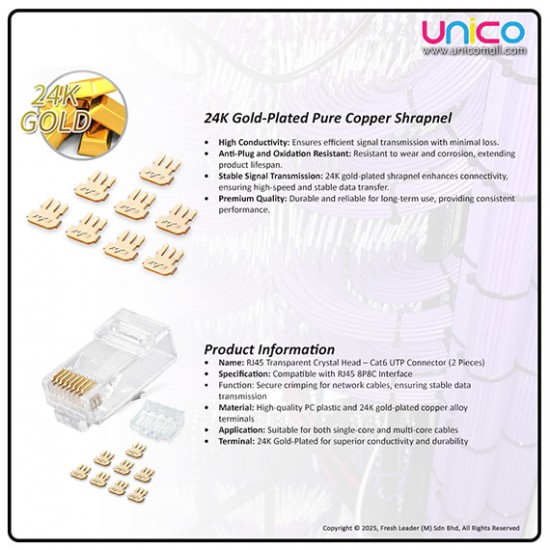 PowerSync RJ45 Ethernet Crystal Heads – 20pcs Gold-Plated Connectors for Fast and Stable Network Transmission PowerSync RJ45 Ethernet Crystal Heads – 20pcs Gold-Plated Connectors for Fast and Stable Network Transmission