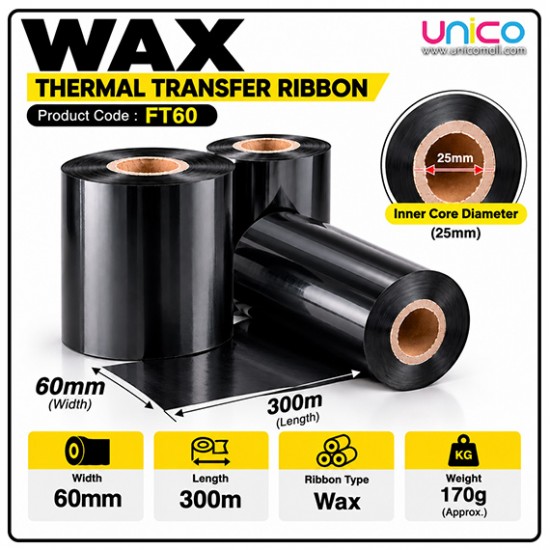 Wax Thermal Transfer Ribbon 60mm x 300m for Label Printers