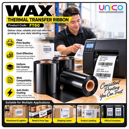 Wax Thermal Transfer Ribbon 60mm x 300m for Label Printers