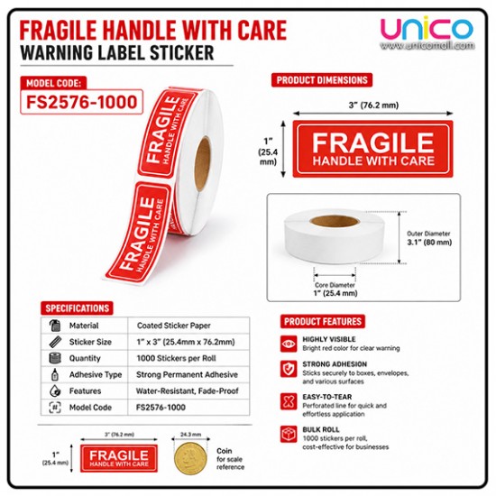 Fragile Warning Label Sticker 1" x 3" – Handle with Care Shipping Stickers