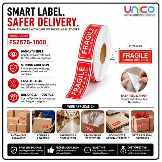 Fragile Warning Label Sticker 1" x 3" – Handle with Care Shipping Stickers