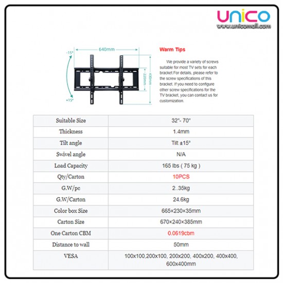 Universal 32-75 Inch TV Wall Mount Bracket | Adjustable 15 Degree Tilt Universal 32-75 Inch TV Wall Mount Bracket | Adjustable 15 Degree Tilt
