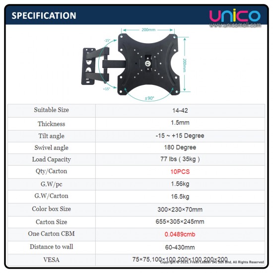 14"-42" inch Flat Screen LED LCD TV Wall Mount Bracket Swivel 180 Degree 14"-42" inch Flat Screen LED LCD TV Wall Mount Bracket Swivel 180 Degree