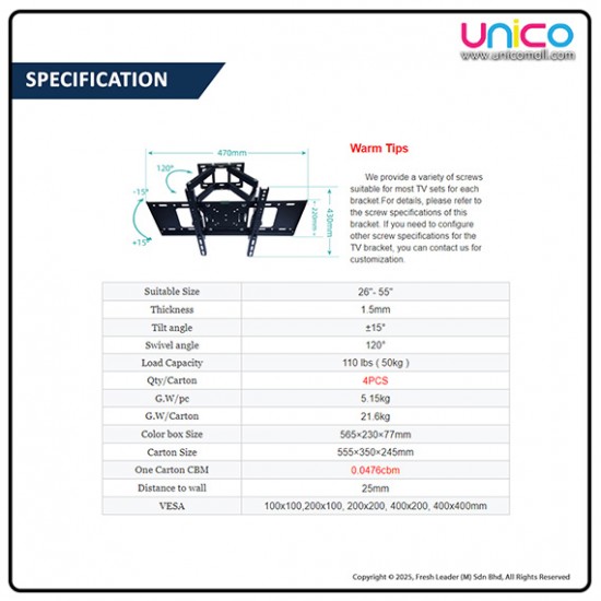 Universal Full Motion TV Wall Mount 26–58 Inch – Heavy Duty Swivel & Tilt Bracket