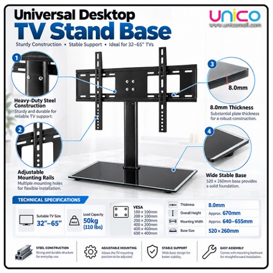 Sturdy TV Stand for 32-65 Inch LCD/LED Screens – Universal & Adjustable Base Bracket