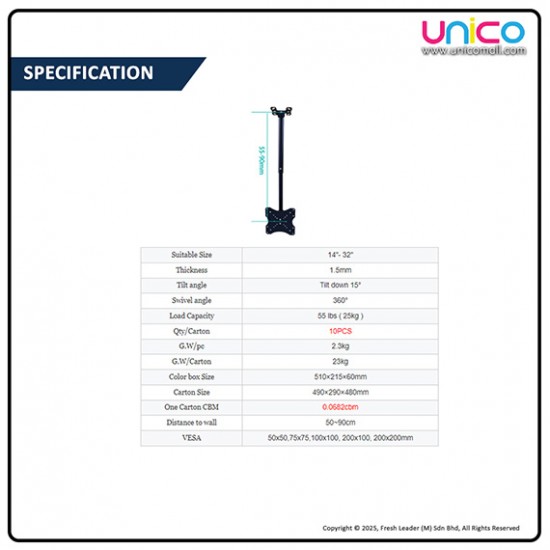 Ceiling TV Bracket for Small LCD LED TVs 14–32 Inch – Space-Saving Tilt & Swivel Mount