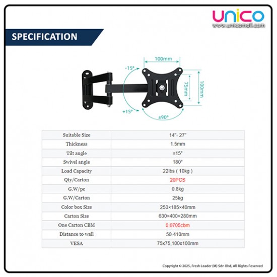 Retractable TV Wall Bracket Suitable for 14” – 27” Retractable TV Wall Bracket Suitable for 14” – 27”