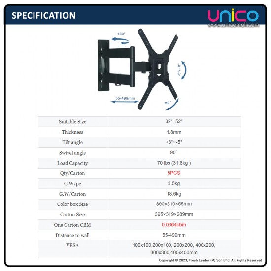 Premium Full Motion Wall Bracket for 32"-55" TVs | Unicomall Premium Full Motion Wall Bracket for 32"-55" TVs | Unicomall