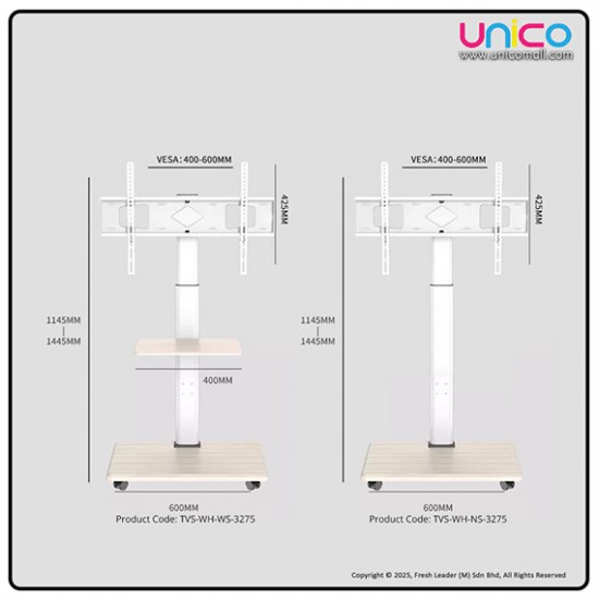Mobile TV Stand with Shelf, Elegant White – Rolling Floor Trolley Mount for 32–75 Inch Flat & Curved TVs