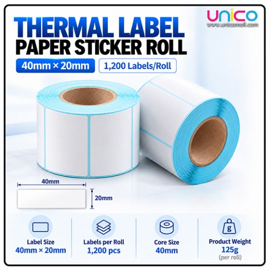 40x20mm Thermal Label Roll, 1,200 Sticker Labels for Home & Office