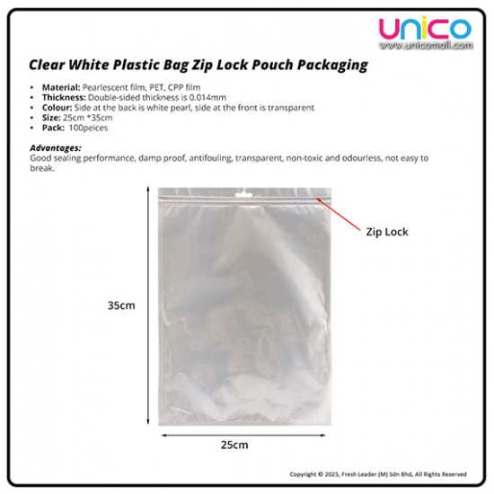 Clear Zip Lock Plastic Bag 25x35cm (100pcs/Pack) – Reusable Packaging Pouch