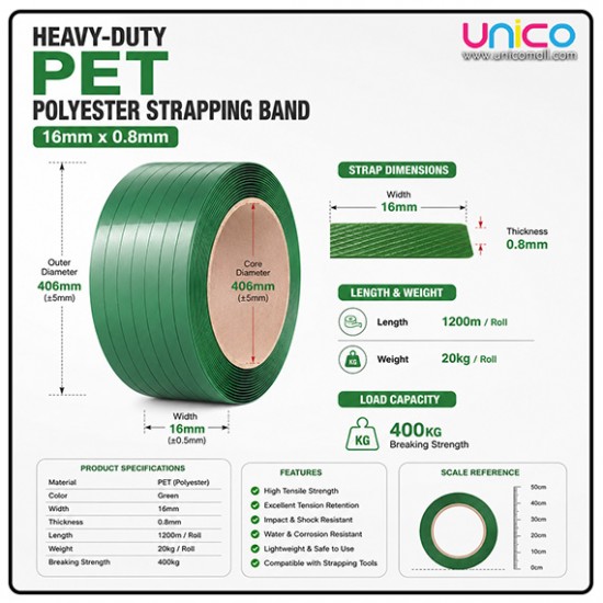 Heavy-Duty PET Strapping Band 16mm x 0.8mm 400kg Tensile Strength