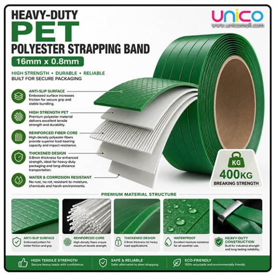 Heavy-Duty PET Strapping Band 16mm x 0.8mm 400kg Tensile Strength