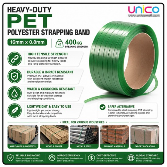 Heavy-Duty PET Strapping Band 16mm x 0.8mm 400kg Tensile Strength